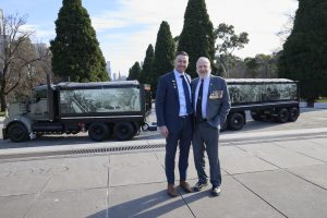 Ironside Trucking owner Glen Ferrarotto, an Afghanistan veteran, stands proudly with VVAA Victorian State President Bob Elworthy at the Melbourne Shrine of Remembrance on Vietnam Veterans Day 2026 – the 60th anniversary of the Battle of Long Tan. The Truck and Trailer are adorned with images of Vietnam, a poignant reminder of service in Vietnam.